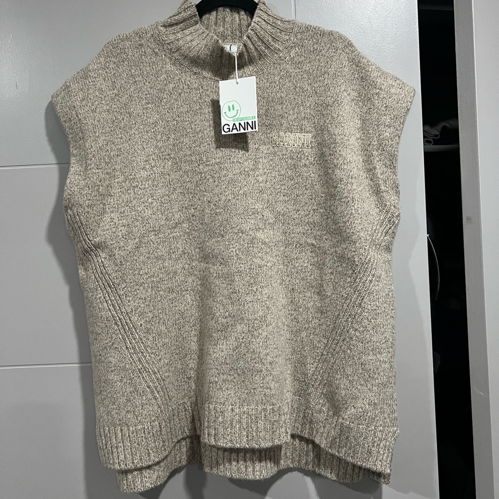 Ganni Neutral Beige Sleeveless Knit Sweater Vest